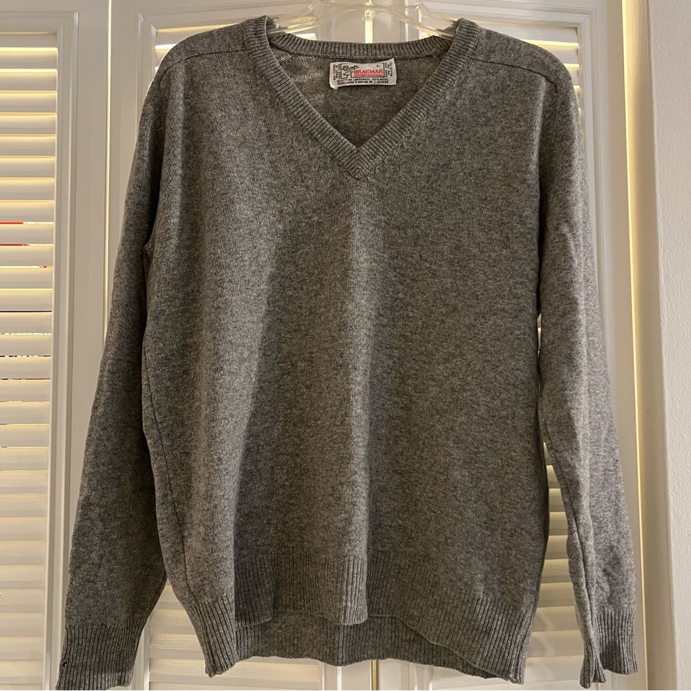 Vintage Braemar Scottish Lambswool Long Sleeve V-Neck Sweater Mens Size L Grey